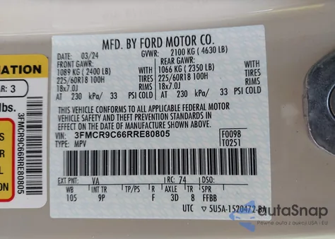 2024 Ford Bronco Sport Outer Banks z USA, uszkodzony, nr VIN 3FMCR9C66RRE80805